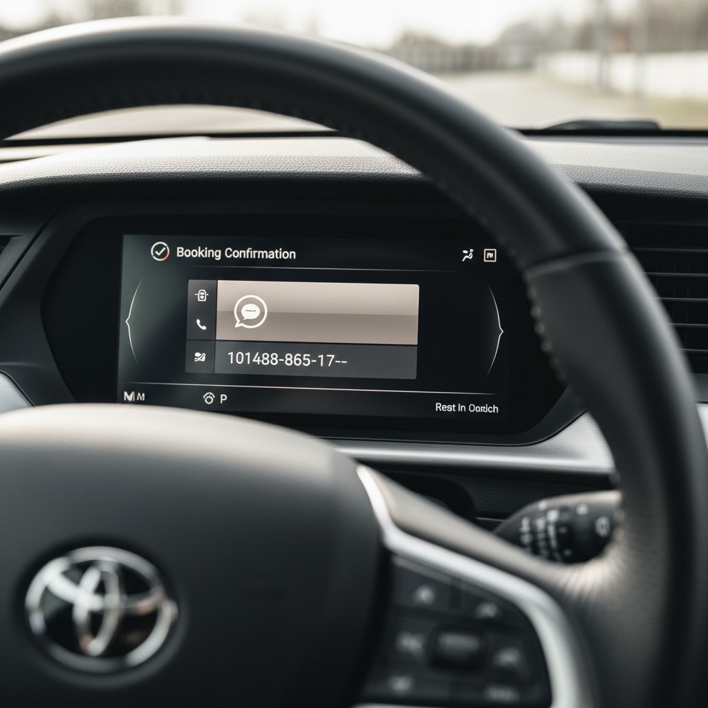 Alt text: A screen on a dashboard in a vehicle showing a booking confirmation with a phone number.